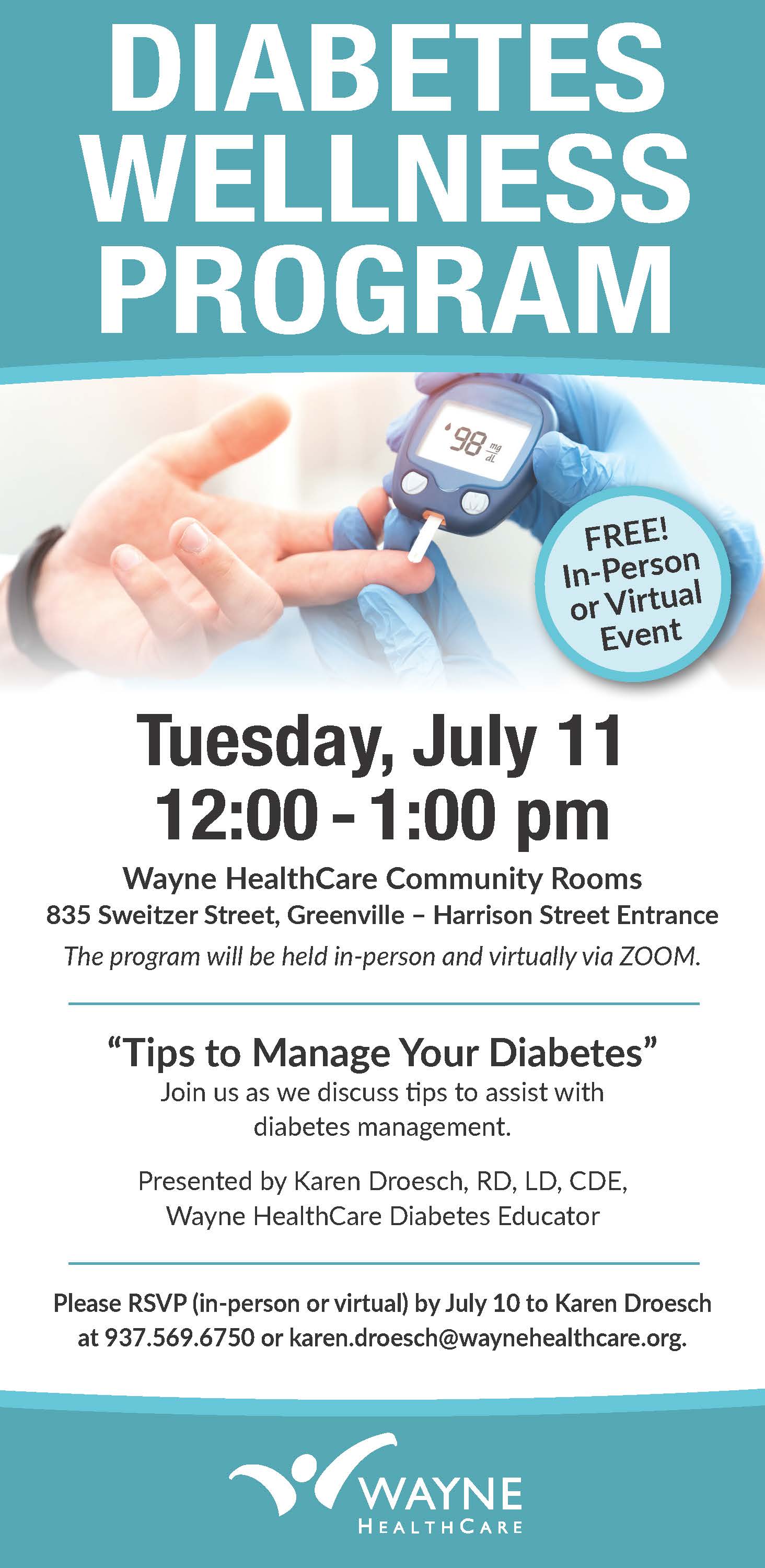 Checking a finger with glucose meter and diabetes program information